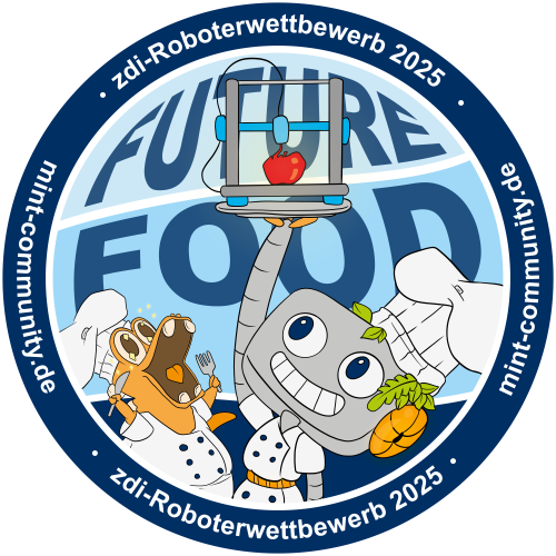 Das Bild zeigt das Logo des zdi-Roboterwettbewerbs 2025 mit dem Motto: Future Food. Man sieht den Roboter Ruby und den Dinosaurier Schräubchen in Koch-Outfits. Ruby hält einen 3D-Drucker hoch, der gerade einen Apfel druckt.