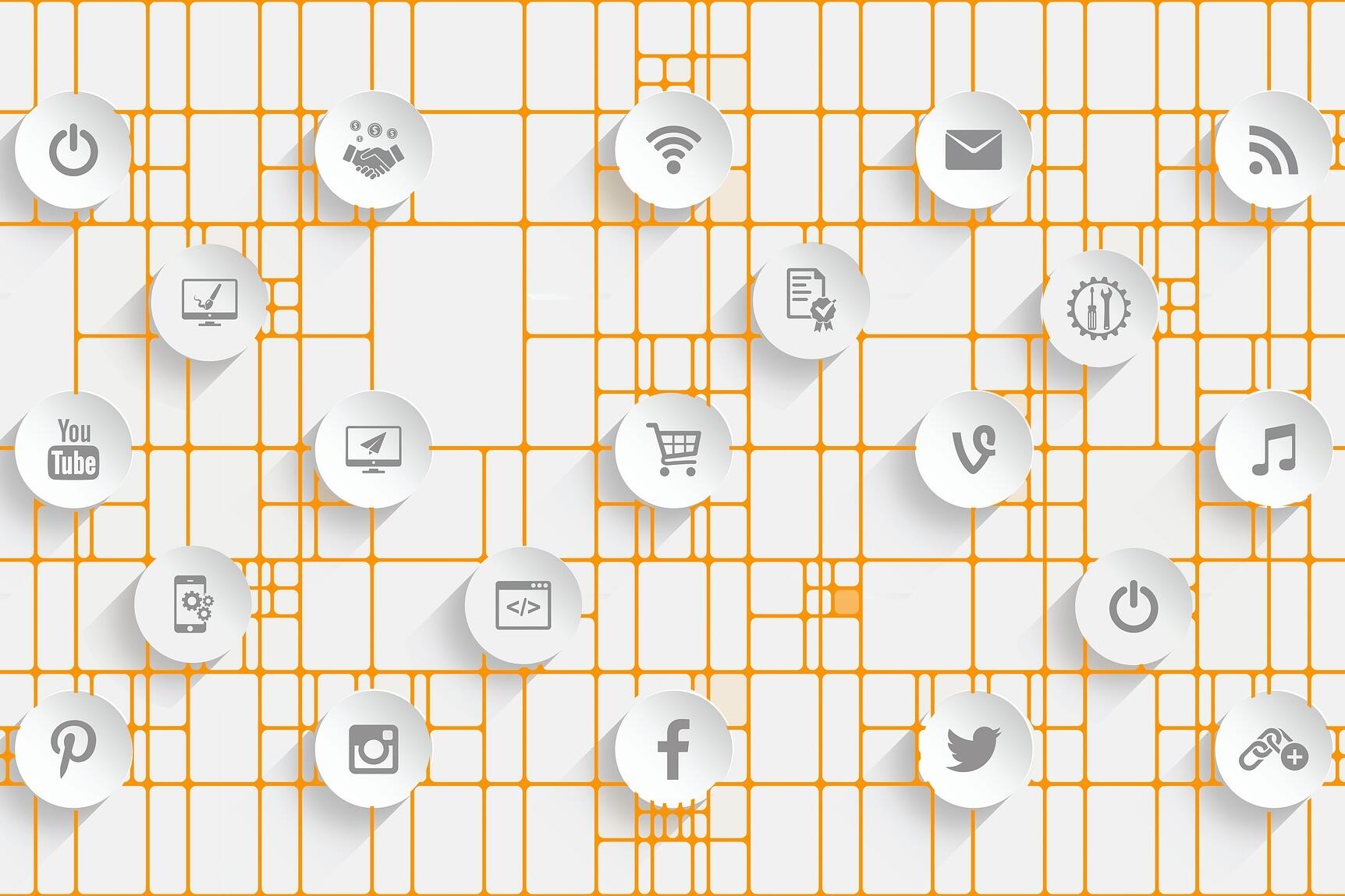 Icons von digitalen Medien auf gelb-weißem Hintergrund.